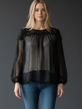 ❤️ Elle Black Sheer Metallic Swiss Dot Lace Inset Bohemian Blouse